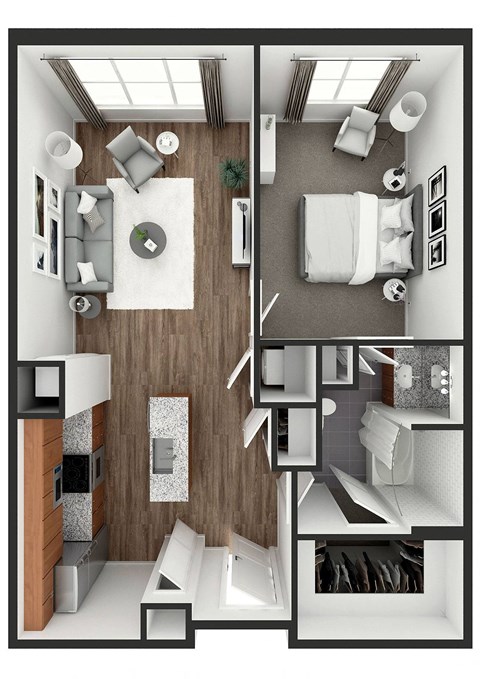 Floor plan for 1 bed, 1 bath, 691 sqft